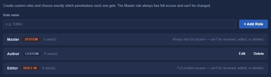 Users, Roles tab: each role with its number of users, the Master role marked System, and the Add Role button.