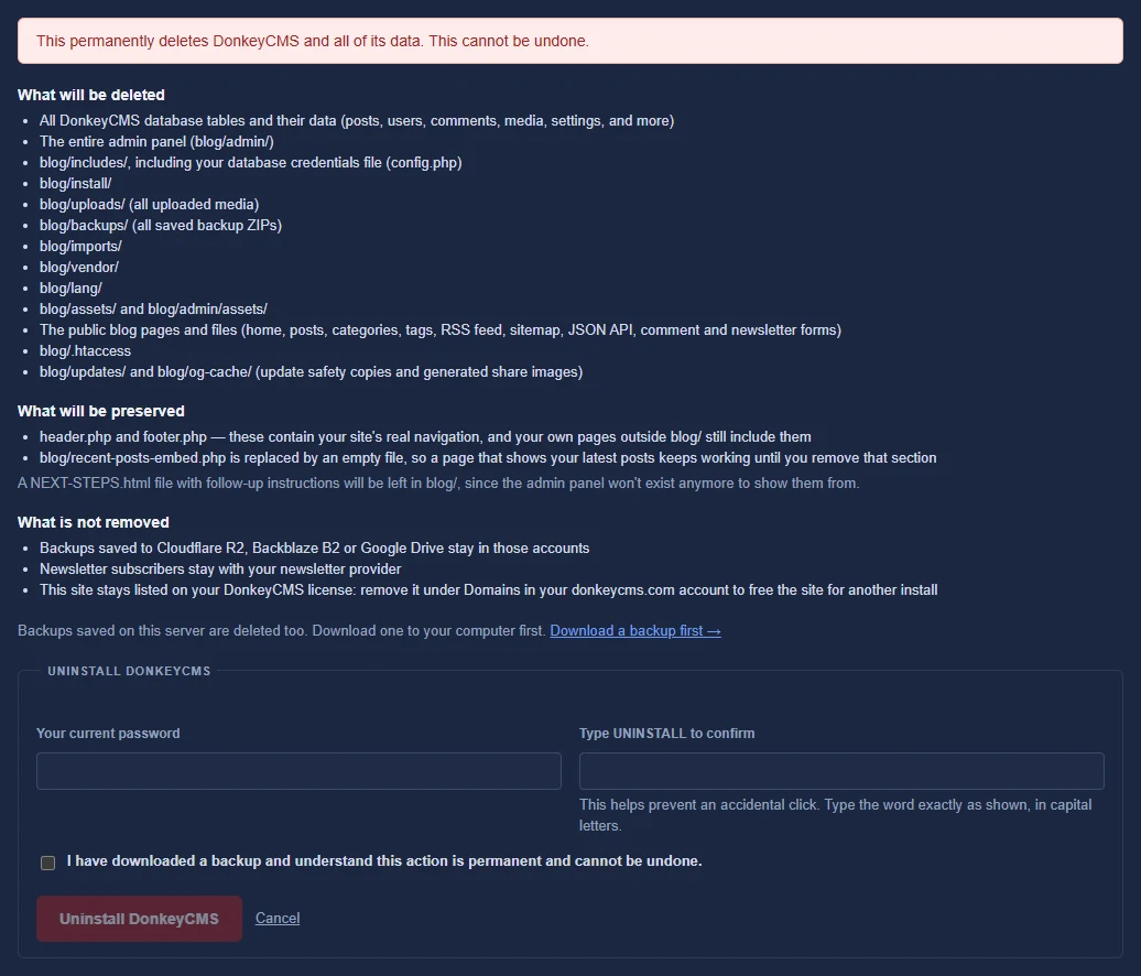 The Uninstall page: what gets deleted, what is kept, and the password, UNINSTALL and backup confirmations.