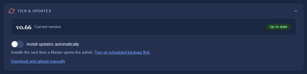 License & Updates: the current version with an Up to date badge and the Install updates automatically switch.