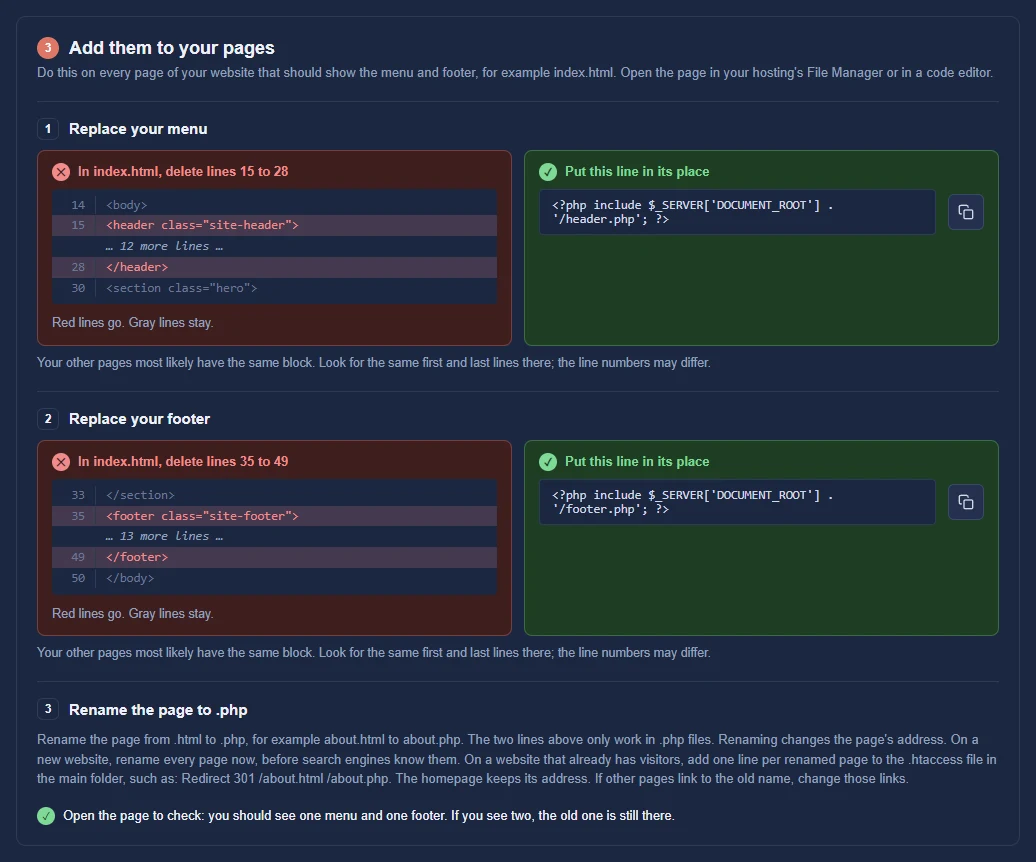 Frame Setup, step 3: the exact lines to delete in index.html, in red, and the menu and footer lines to put in their place.