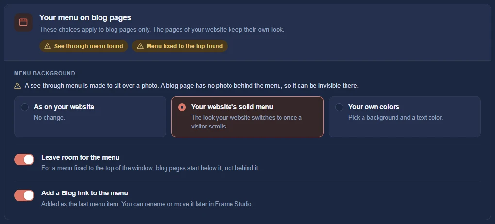 Your menu on blog pages: see-through and fixed menus found, the solid menu chosen, room and Blog link switches on.