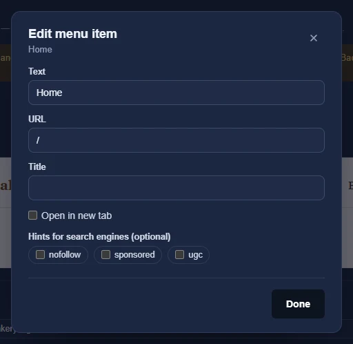 Frame Studio's Edit menu item window: Text, URL, Title, Open in new tab, search engine hints and Done.
