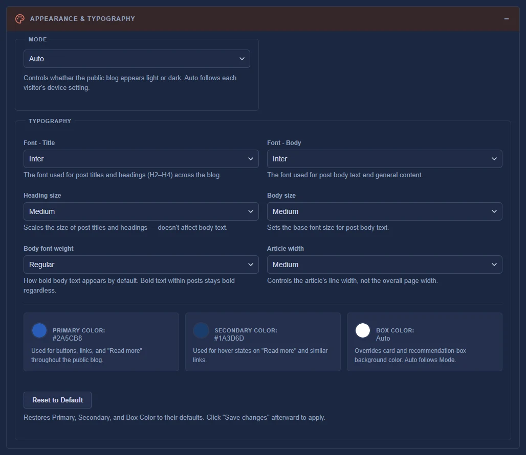 Settings, Appearance & Typography: Mode, font and size choices, and the Primary, Secondary and Box colors.