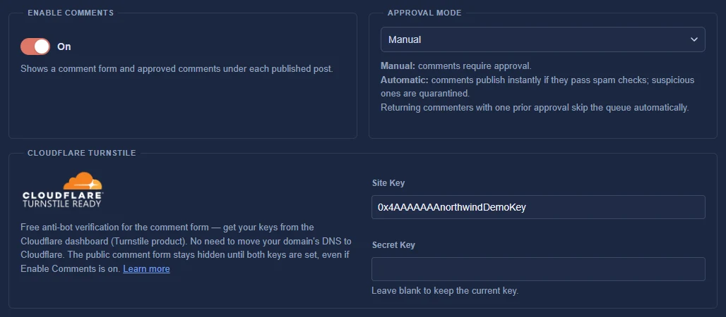 Settings, Comment settings: the Enable Comments switch, Approval Mode and the Cloudflare Turnstile key fields.