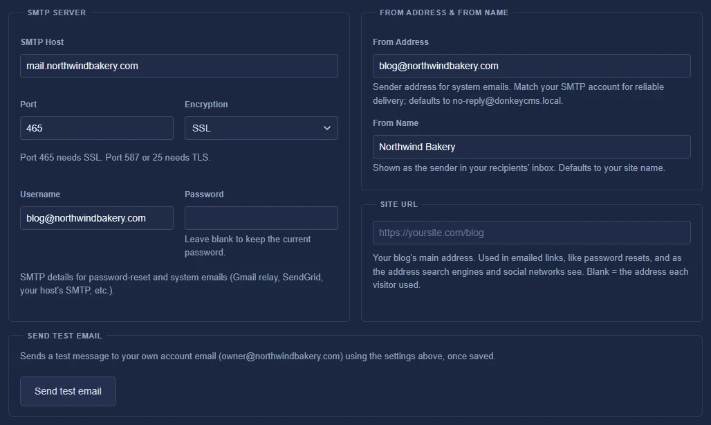 Settings, Email: SMTP host, port, encryption, login, From address and name, Site URL and Send test email.