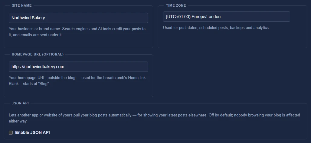 Settings, General: the Site name, Time zone and Homepage URL fields, and the JSON API box.