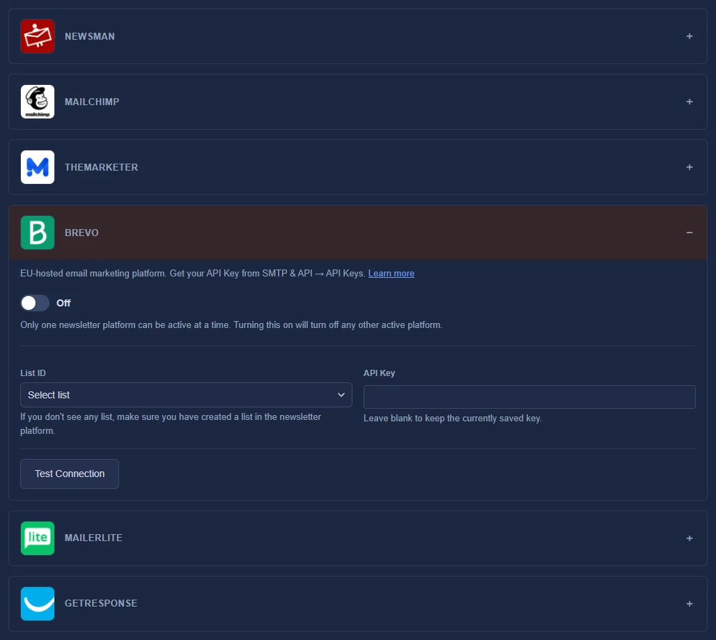 Settings, Newsletter: one box per service, with Brevo opened to show its switch, API key, list and Test Connection.