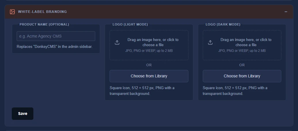 The White-label branding section: product name, a light-mode logo and a dark-mode logo, and the Save button.