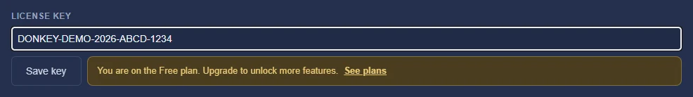 License & Updates in the admin panel: the license key field, with the key that came inside the download.