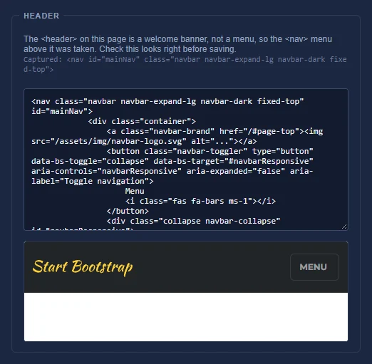 Frame Setup on the Agency template: it takes the menu above the welcome banner, shown in the live preview with its logo.