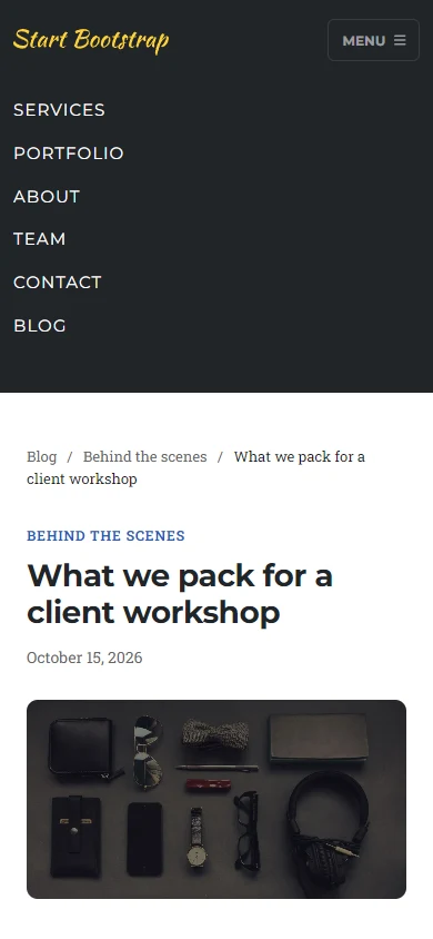 An Agency blog post on a phone, with the template's menu opened from its Menu button.
