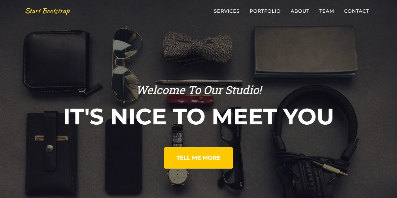 The Agency template as downloaded: one long page, with a menu of Services, Portfolio, About, Team and Contact, and no blog.