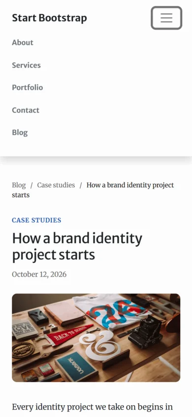 A Creative blog post on a phone, with the template's menu opened from its menu button.