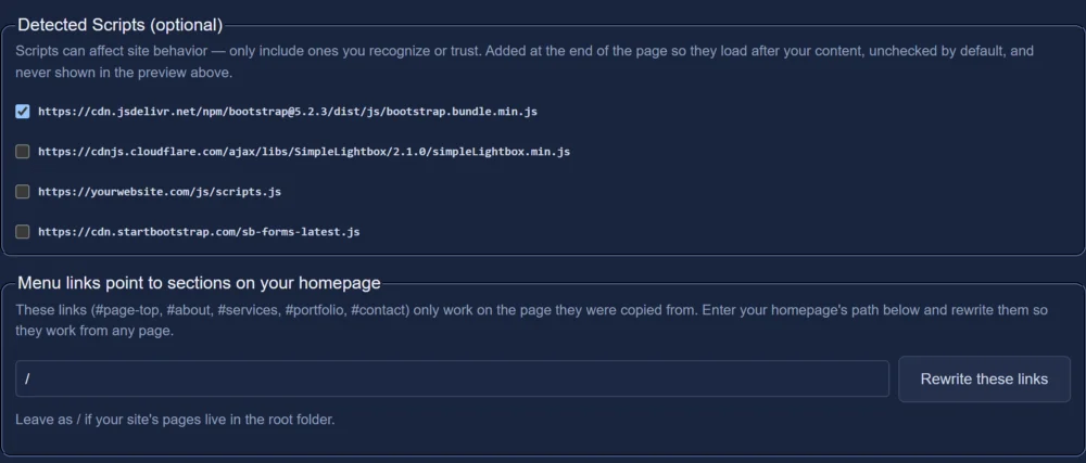 Frame Setup on the Creative template: the Bootstrap script ticked, and the homepage path set to / for the menu links.
