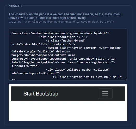 Frame Setup on the Modern Business template: it takes the dark menu above the welcome banner, shown in the live preview.