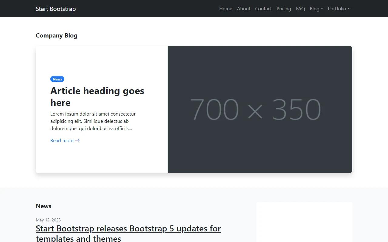 The Modern Business template's own blog page: placeholder articles with Lorem ipsum text and grey picture boxes.