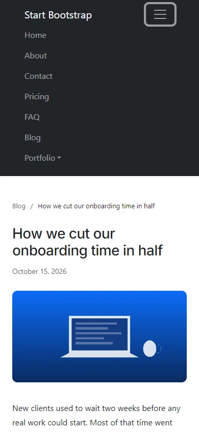 A Modern Business blog post on a phone, with the template's menu opened from its menu button.