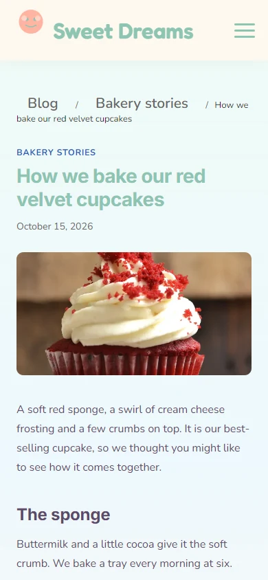 A Sweet Bakery blog post on a phone, with the template's menu at the top and dark, readable text.