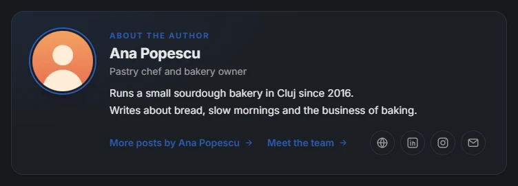 The About the author box at the end of a post, with the writer's photo, job title, bio and link icons.