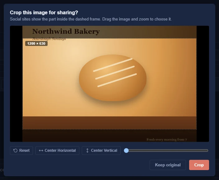 The focal-point cropping tool: a dashed 1200 × 630 frame around the part social networks show, a zoom slider and two buttons.