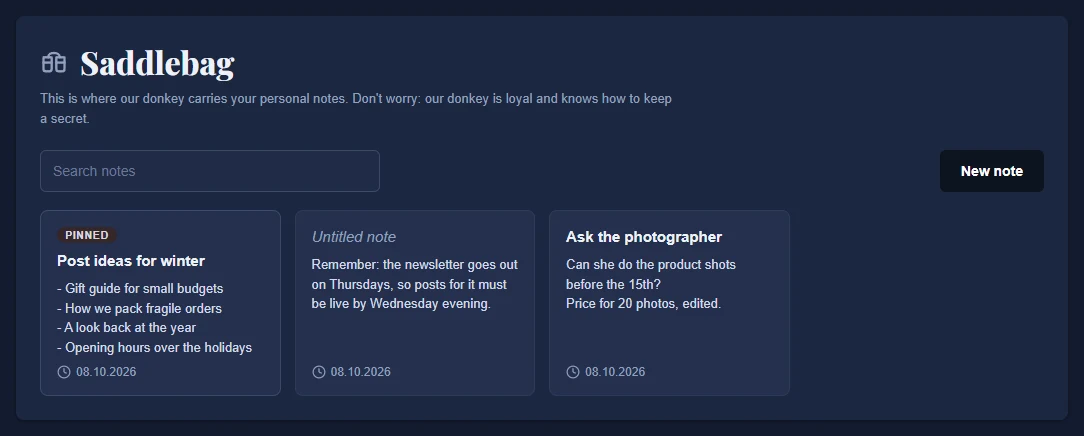The Saddlebag page with three example notes, the search field and the New note button.