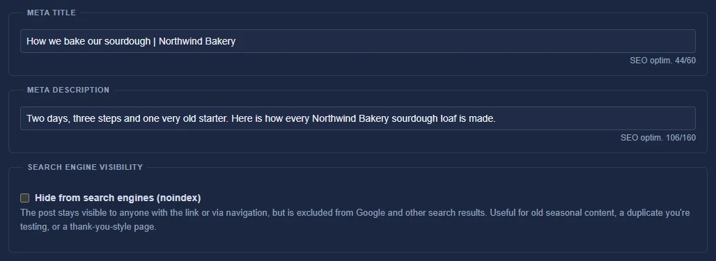 The SEO tab of the post editor: Meta title and description with character counters, and Hide from search engines.