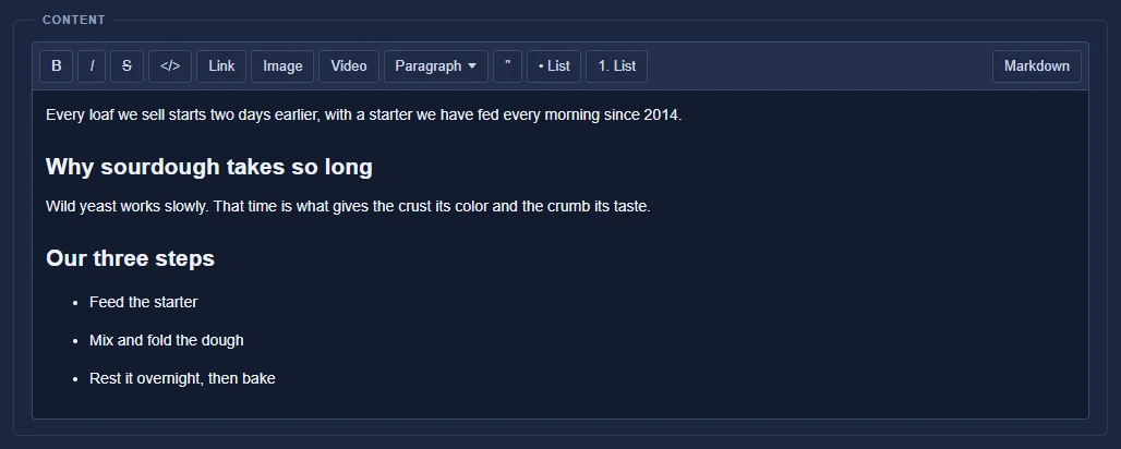 The post editor's content area: a toolbar of formatting, image, video and Markdown buttons above a sample post.