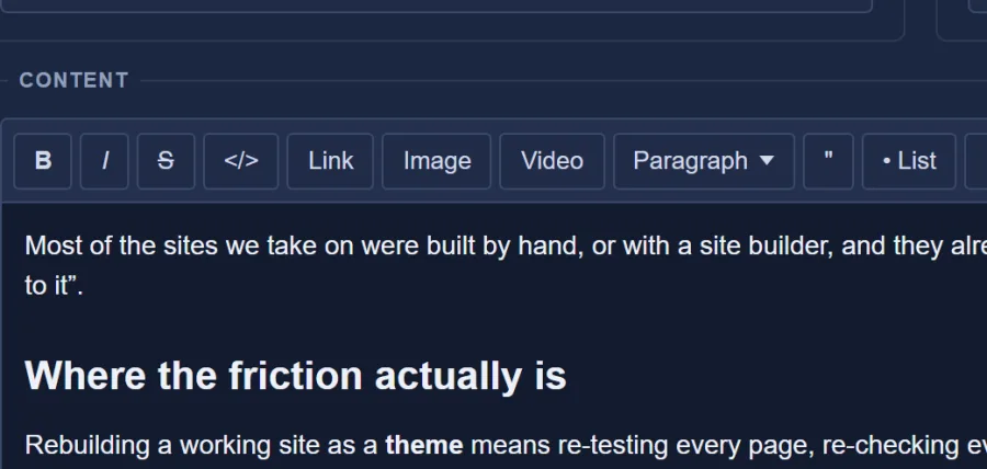 The DonkeyCMS post editor toolbar with a post being written