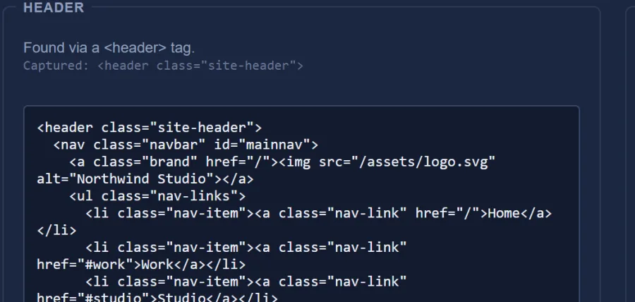 Frame Setup showing a detected site header and footer
