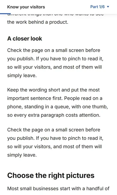 DonkeyCMS contents bar with section menu and progress line on a phone